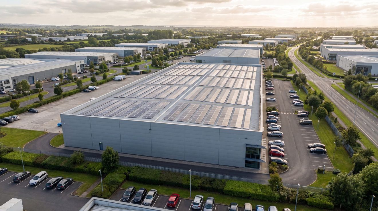 Commercial building with rooftop solar panels