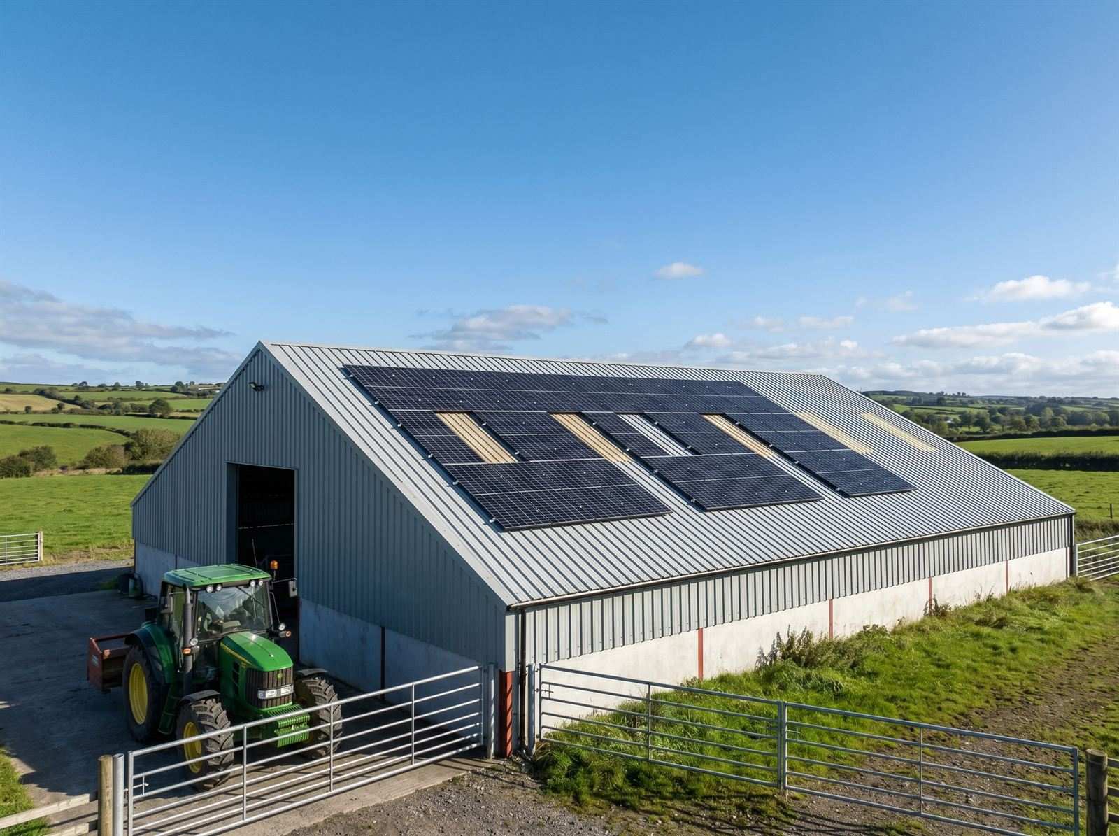 Solar panels on an Irish farm shed with a tractor