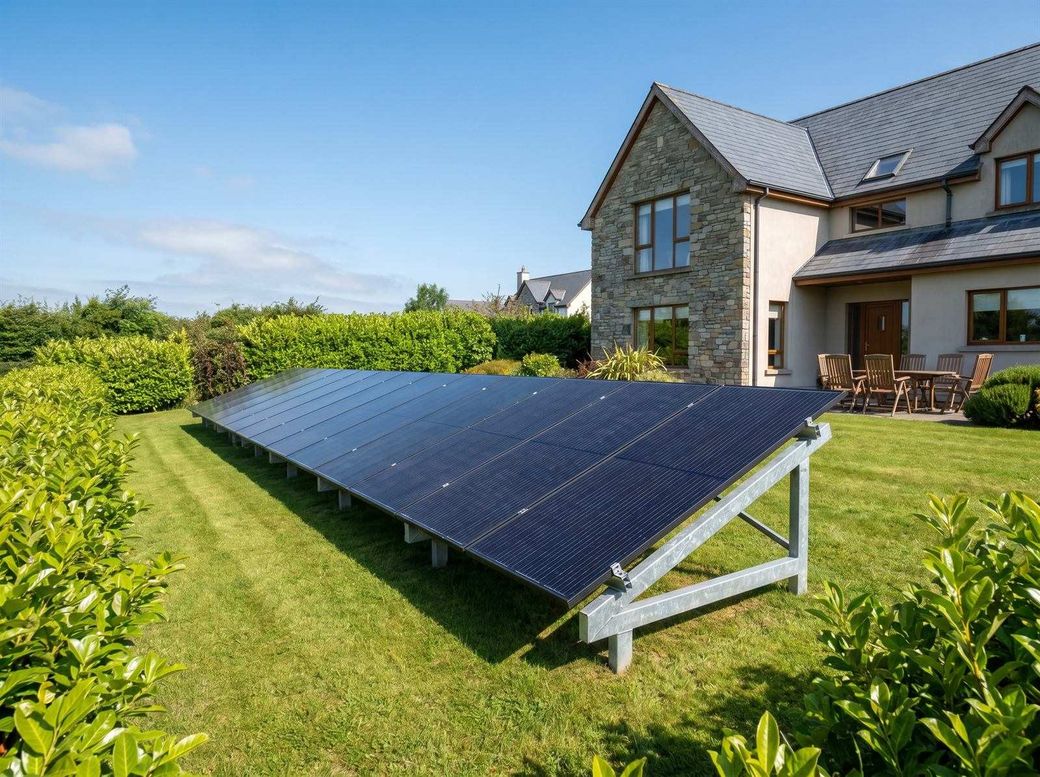 Ground-mounted solar panel array in the back garden of an Irish home