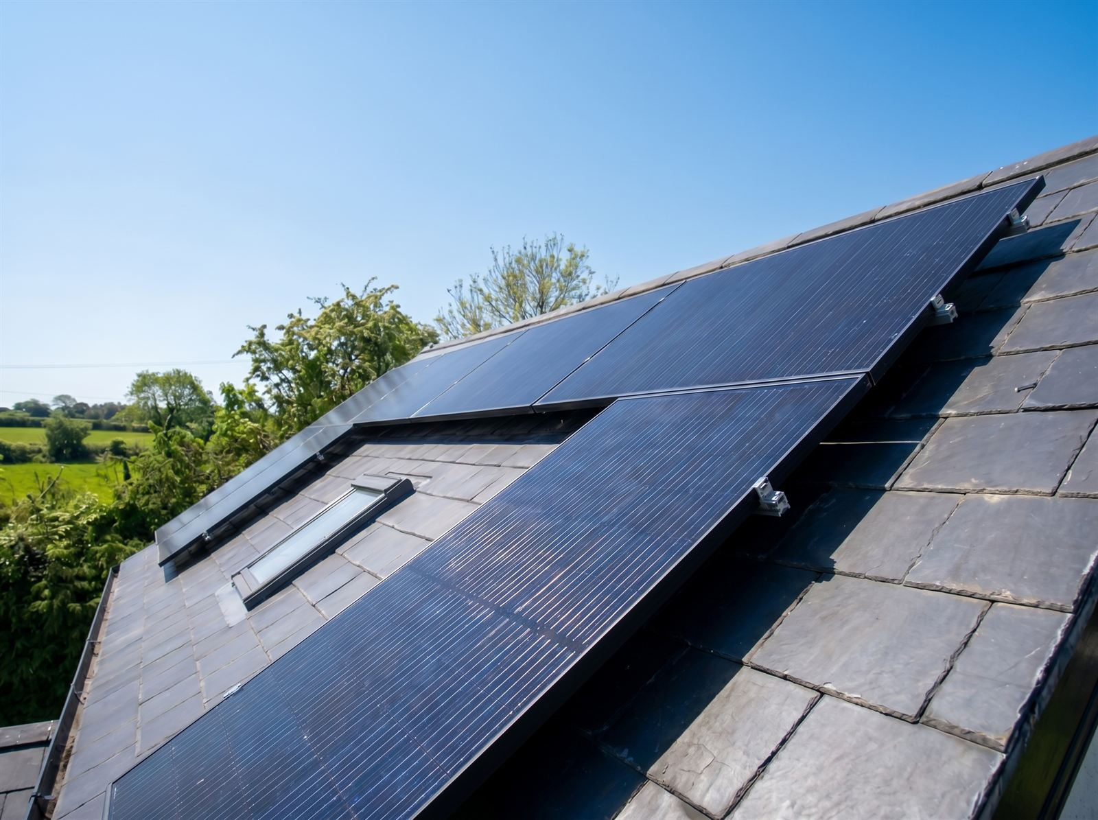 Solar PV panels installed on a slate roof of an Irish home